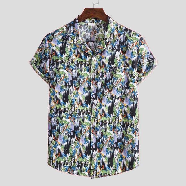 

men's casual shirts fashion mens hawaiian printing short sleeve ethnic for men slim fit summer shirt camisas para hombre, White;black