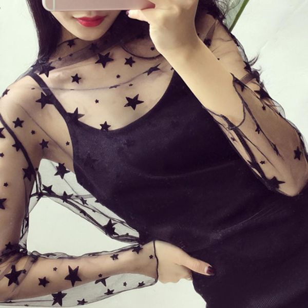 

women ladies fashion long sleeve sheer mesh see through shirt fashion hollow transparent undershirt star dot club blouse, White