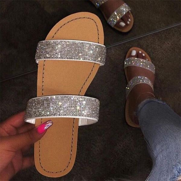 

summer shoes woman sandals for women 2020 bling flat rhinestone ladies beach sandles designer luxury sandalias mujer sandels, Black