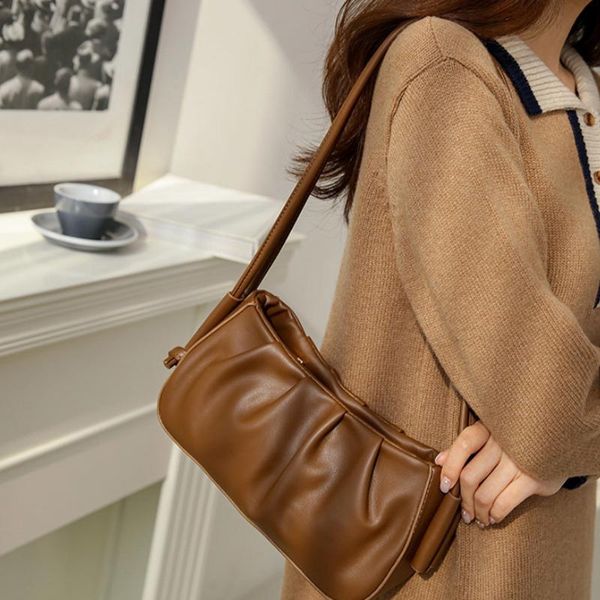 

french soft leather women's bag 2021 new fashion solid color pleated all-match one shoulder underarm pack e075