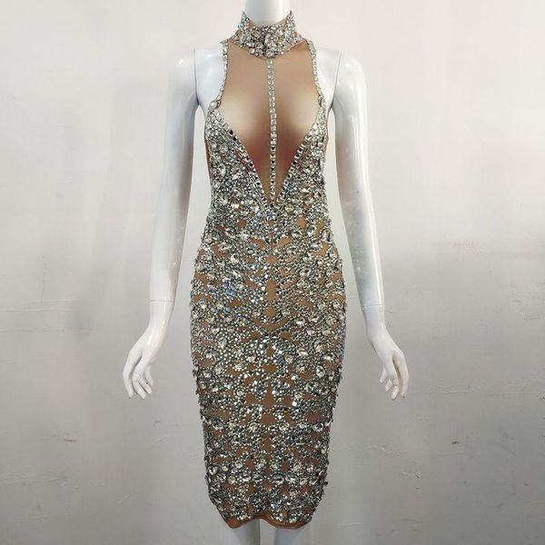 

luxurious silver rhinestones stretch dress sleeveless shining crystals dresses birthday party celebrate dress nightclub outfit1, Black;gray