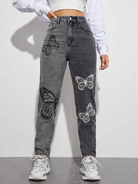 

butterfly print straight leg jeans j9fz#, Blue