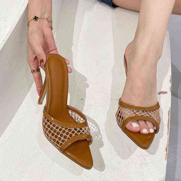 

slippers summer pointed toe thin heels women party wedding shoes new ladies mesh high for slides 220308, Black