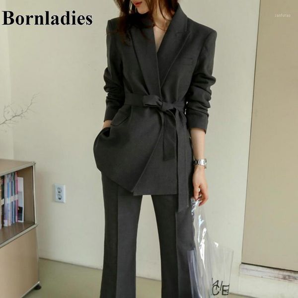 

bornladies new 2020 korean casual elegant long sleeve blazer + long pants 2 pieces sets suit for women office work streetwear1, White;black