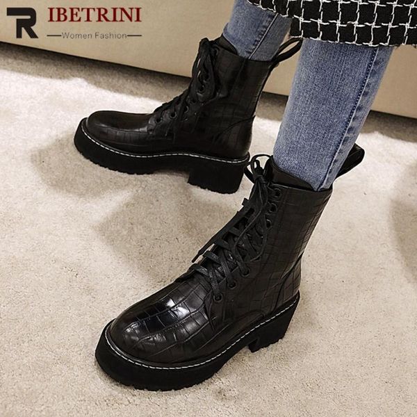 

ribetrini women lace-up punk platform shoes women high chunky heels ankle boots 2020 brand lace-up street boots, Black