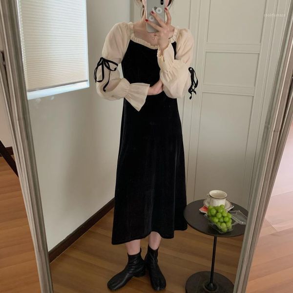 

korean winter long dress high waist square collar vintage elbise ladies sukienki party ropa mujer elegant r411, Black;gray