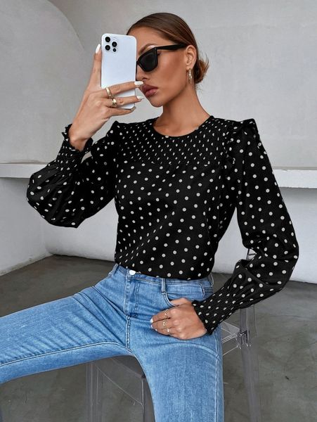

polka dot print frill trim shirred blouse x7oi#, White
