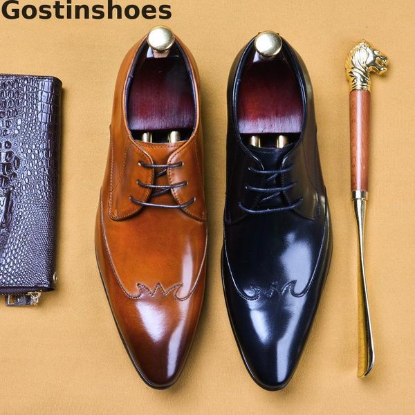 

роскошный черный коричневый мужчины обувь корова кожа платье обувь derby шнуровка остроконечные toe wing-наконечник формальное свадебное бюр, Black