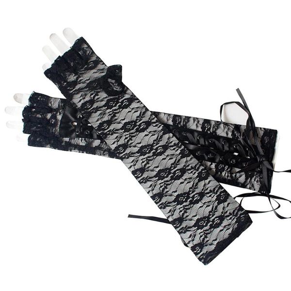 

1pair women protection satin ribbon for wedding portable long elbow arm warmer fingerless gloves costume party lace up elegant, Blue;gray