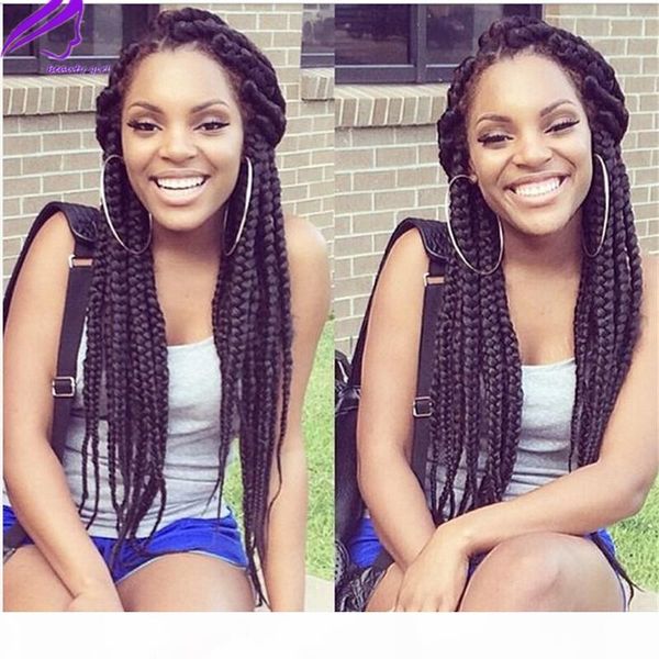

long braided synthetic lace front wigs 1b#color baby hair 26" african american hair synthetic lace front box braids wigs for black wome