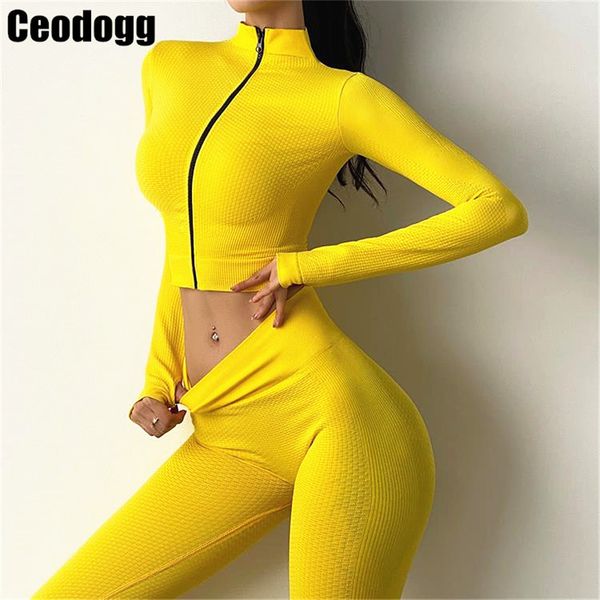 

seamless women autumn seamless fitness long sleeve zipper jacket & high waist sports legging 2 pcs gym running yoga set c0123, Gray