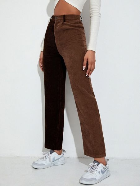 

two tone corduroy straight leg pants l2ft#, Black;white