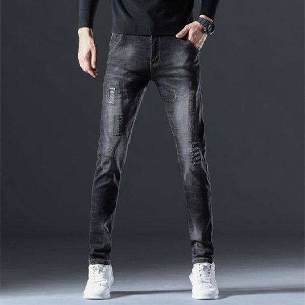 

men's jeans autumn fashionable personality broken hole embroidery casual pants joker stretch slim straight, Blue