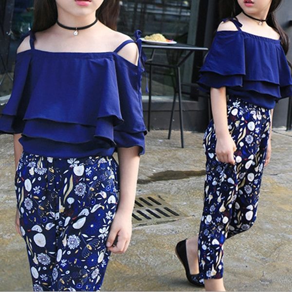 

teenager girl clothes summer kids fashion floral pants two piece set children suit girls outfits 7 8 9 10 11 12 13 14 years y200325, White