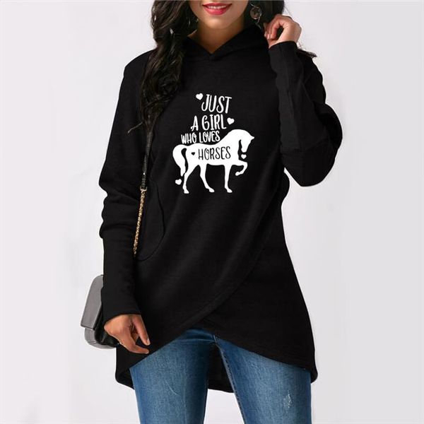 

just a girl who loves horses print hoodies women irregular sweatshirts femmes horse lover gift sweet long sleeve autumn, Black