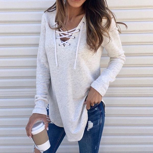 

женщины v-образным вырезом рубашка повседневная одежда мода дизайн молодежи леди на шнурке с длинным рукавом топы пуловер блузки для весны о, White