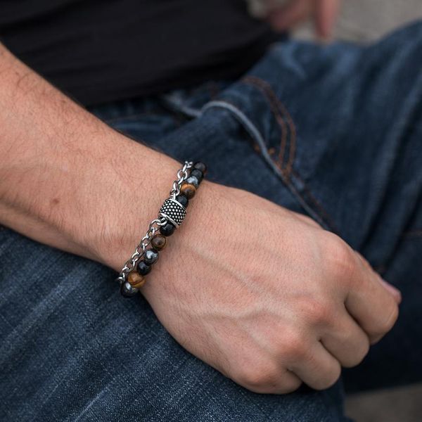 

men bracelet mixed natural bead stone stretch bracelet magnet stone tiger eye mixed beads chain link 19cm drop qylnre, Golden;silver