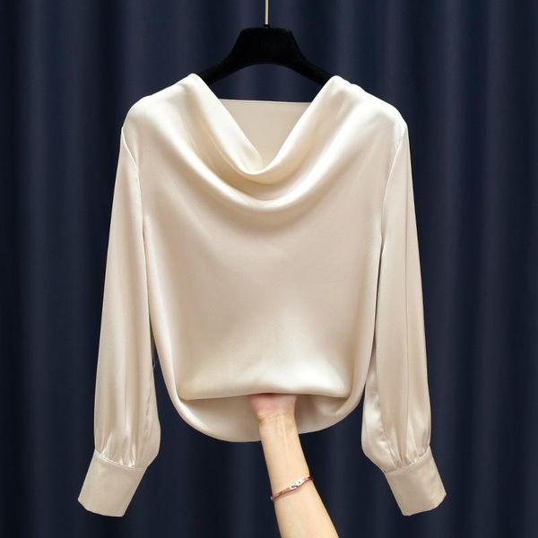 

fashion high-grade airy neckline satin blouse long-sleeved chiffon blouse plus size women chiffon shirt elegant, White