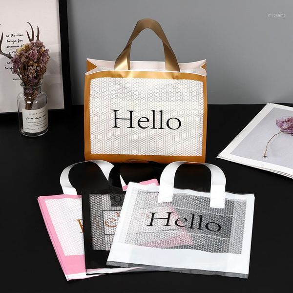 

gift wrap 10pcs 27x27x8cm ''hello''print thick plastic shopping handle bags clothing packaging pink black storag bag wit