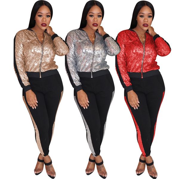 

sequins panelled womens designer tracksuits fashion zipper cardigan long sleeve long pants womens 2pcs sets casual females clothing, Gray