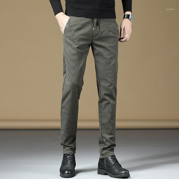 

2021 autumn men slim straight pants green lace up leggings pencil trousers male tide brand casual thicken cropped stretch slacks1, Black