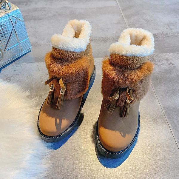 

bomkinta 2020 winter women boots new style thickened female fringe snow boots flat bottom warm waterproof women fur, Black