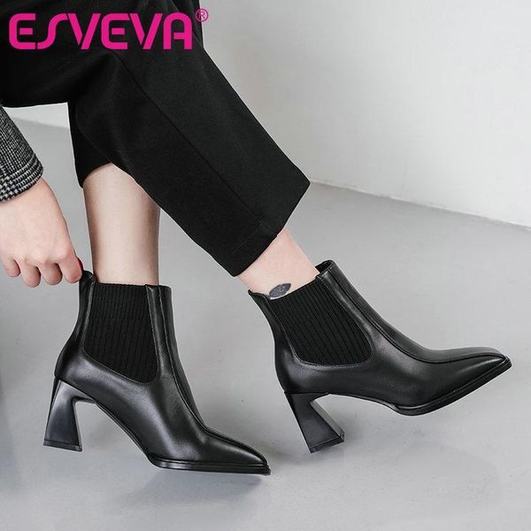 

esveva 2021 cow leather ankle boots women boots winter women shoes square toe high heel elastic band size 34-391, Black