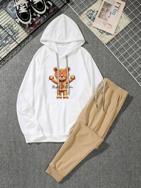 

men bear print kangaroo pocket drawstring hoodie & sweatpants z42i#, Gray