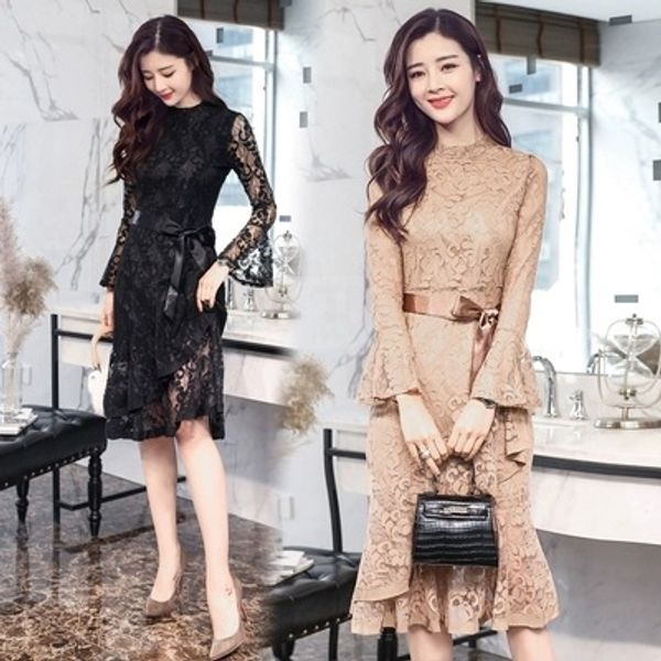 

2019 spring lace slim bottoming women's mid-length korean style hollow-out horn sleeve fishtail 2019 spring dress dresslace dressslim b, Black;gray