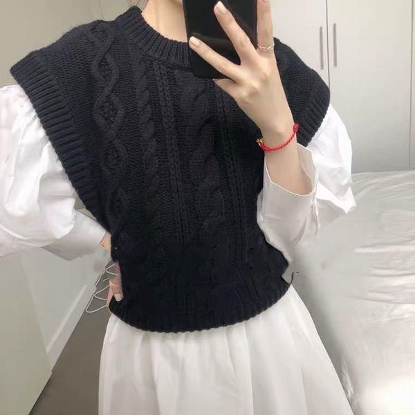 

women wool blend twist cable knitted o neckline vest - ladies knitting pullover jumper sweater, Black;white