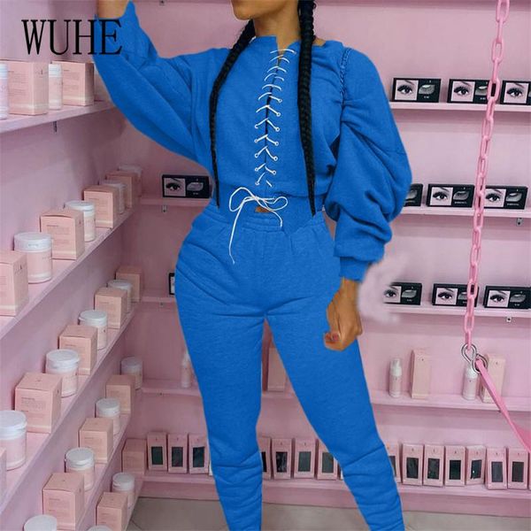 

wuhe autumn winter women bandage sweatsuit lace up sweatshirt and pants set active tracksuit two piece fitness casual outfit, Gray