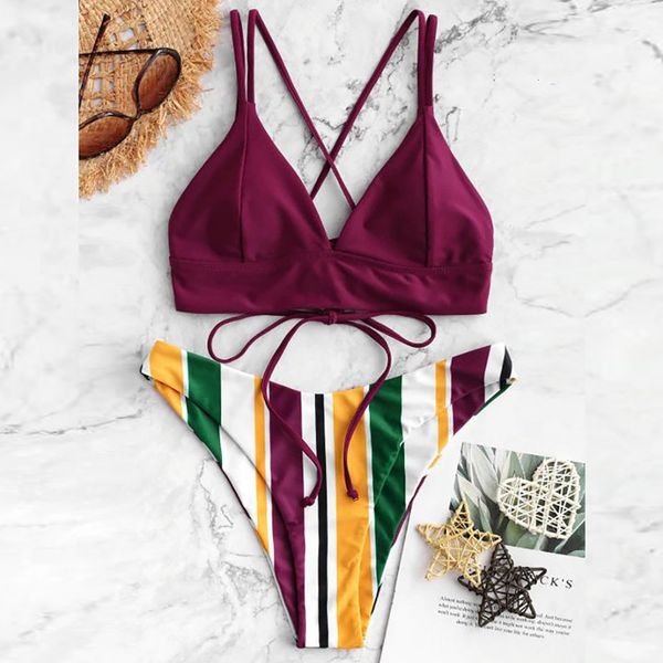 

women's bikini stripe set swimsuit two piece filled bra beachwear fashion leisure wild swimwear early spring trend#2, White;black