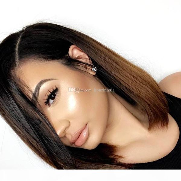 

полный шнурок человеческих волос парик боб парик ombre two tone pre-щипковые hairline малазийский девы волос младенца шнурка волос парик фро, Black;brown