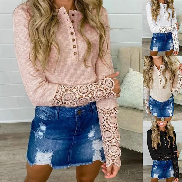 

solid color hollow button lace fashion long-sleeved lace t-shirt autumn warm clothing1, White;black