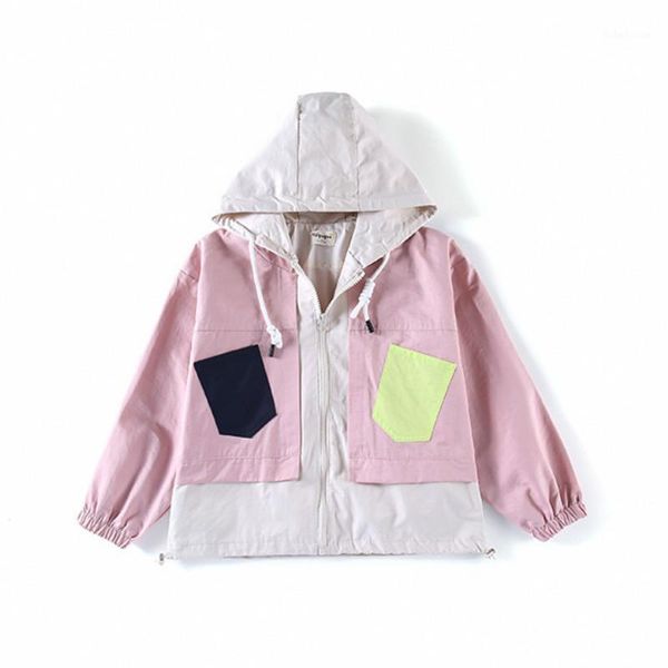 

girls jacket 2020 autumn new teenage girls casual coat korean children hooded clothing kids patchwork jacket pocket, #89251, Blue;gray