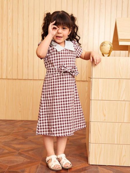 

toddler girls contrast collar belted gingham dress she, Red;yellow