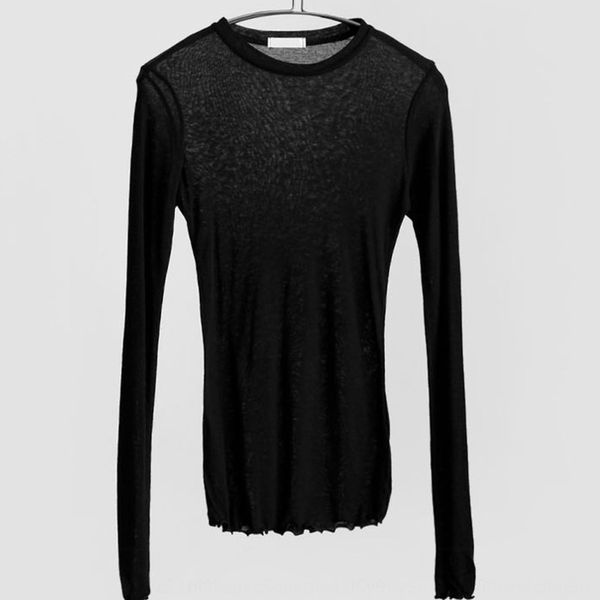 

new spring coat t-shirt summer 2020 korean women's micro transparent simple slim long sleeve t-shirt with bottom and elastic yq, White