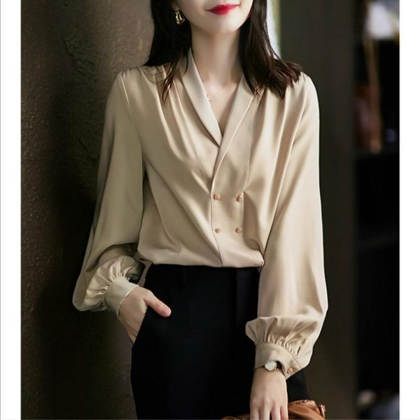 

spring and autumn women's blouse design sense minority shirt versatile double breasted solid color v-neck shirt women's top, White