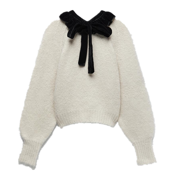 

deat 2020 spring autumn new fashion tide solid color long sleeve bow decoration round neck knitting women pullover sweater13a294, White;black