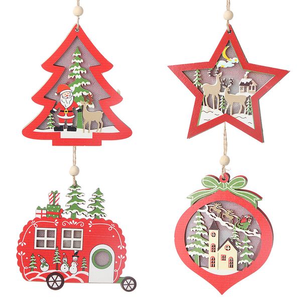 LED-Licht Weihnachtsbaum Stern Auto Holz Anhänger Ornament Weihnachten DIY Holz Handwerk Kinder Geschenk für Zuhause Weihnachtsfeier Dekoration WVT1162