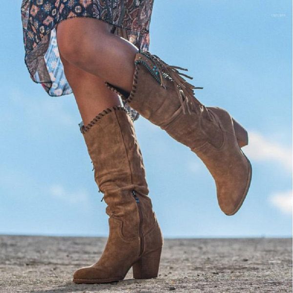 

autumn winter women knee high boots high heels platform vintage ladies shoes fringe zipper punk western riding boots1, Black