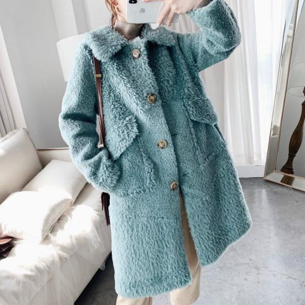 

long sheep shearing jacket winter women 100% wool female autumn real coat korean vintage warm fur hiver lw2065, Black
