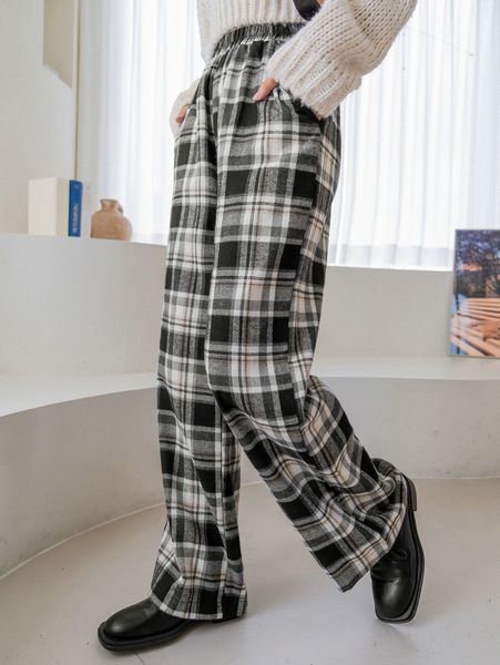 

dazy plaid print slant pockets wide leg pants v7vu#, Black;white