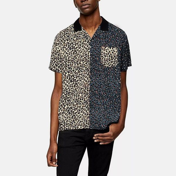 

men fashion leopard patchwork shirts casual short sleeve lapel printed shirt breathable chic camisa hombre chemise s-5xl incerun1 men's, White;black
