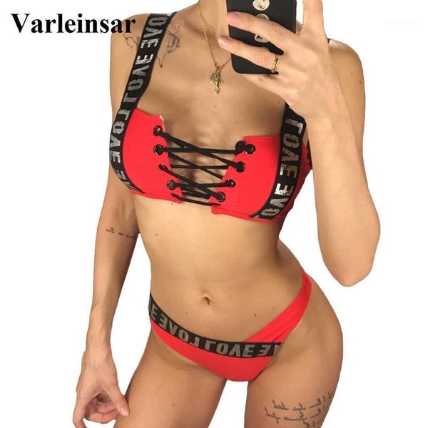 

2020 letter printed brazilian bikini women swimwear female swimsuit two-pieces bikini set lace up bather bathing suit swim v10741, White;black