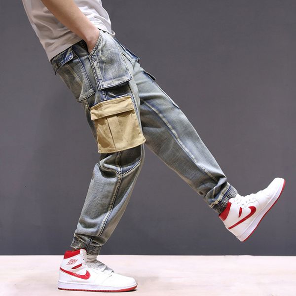 

spring denim frock harlan men's trousers youth trend elastic open placket loose size slightly fat, Blue