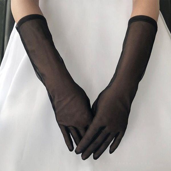 

five fingers gloves lace elastic driving sunscreen 38cm women thin long black gauze anti-uv transparent opera party, Blue;gray