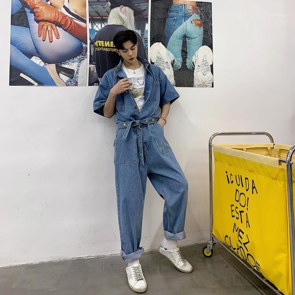 

men's jeans 2021 hip hop light blue short sleeve denim jumpsuit loose fit -xxl1