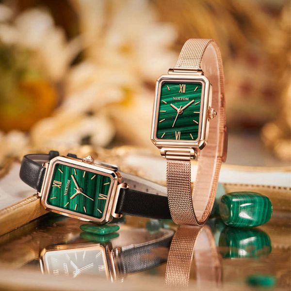 

fashion neton nektom high-end watch women's peacock green small square watch waterproof quartz watch, Slivery;brown
