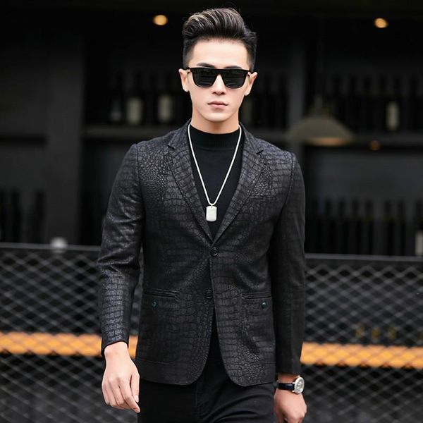 

men's leather & faux 2021 spring sheepskin jacket crocodile pattern genuine blazers mens suit coat, Black